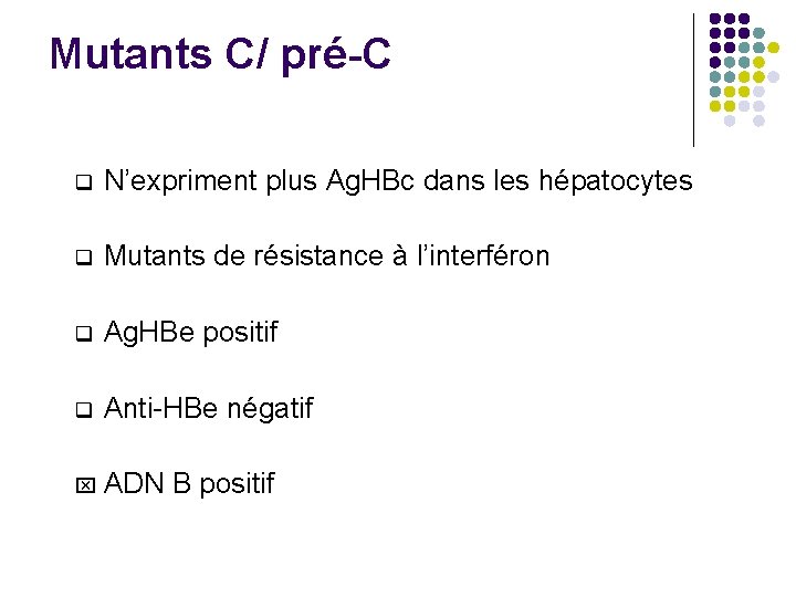 Mutants C/ pré-C q N’expriment plus Ag. HBc dans les hépatocytes q Mutants de