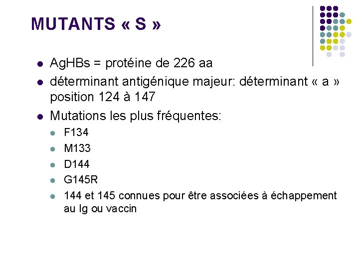 MUTANTS « S » l l l Ag. HBs = protéine de 226 aa