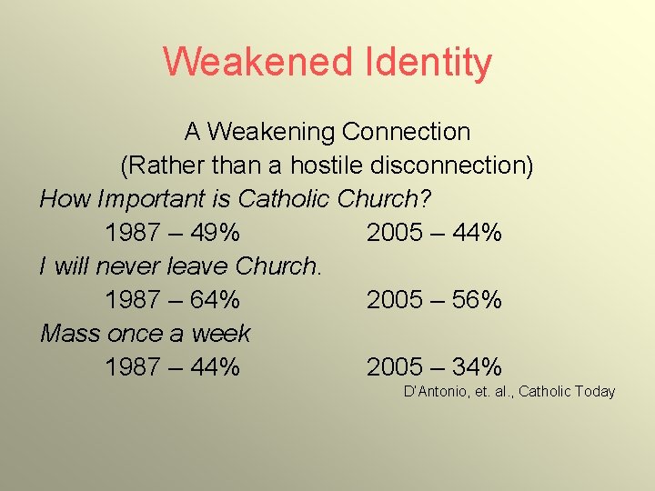 Weakened Identity A Weakening Connection (Rather than a hostile disconnection) How Important is Catholic