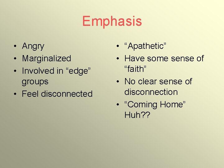 Emphasis • Angry • Marginalized • Involved in “edge” groups • Feel disconnected •