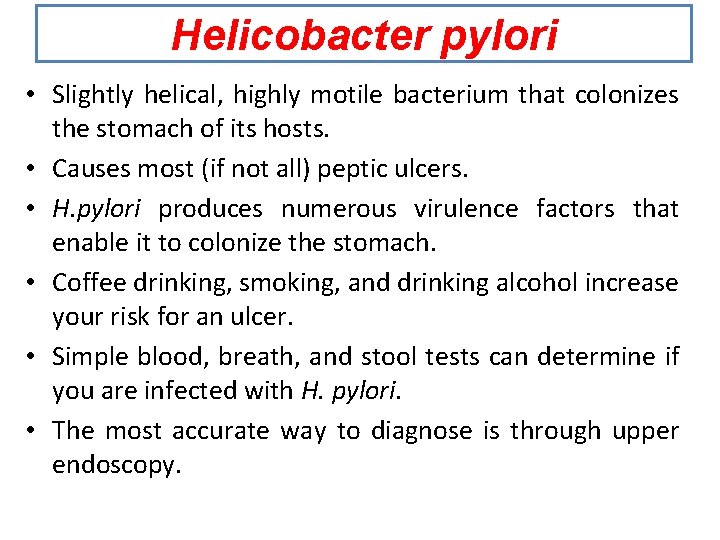 Helicobacter pylori • Slightly helical, highly motile bacterium that colonizes the stomach of its