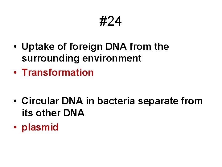 #24 • Uptake of foreign DNA from the surrounding environment • Transformation • Circular