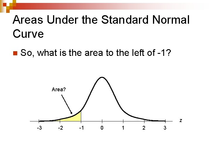Areas Under the Standard Normal Curve n So, what is the area to the