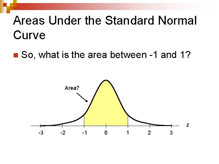 Areas Under the Standard Normal Curve n So, what is the area between -1