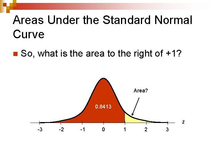Areas Under the Standard Normal Curve n So, what is the area to the