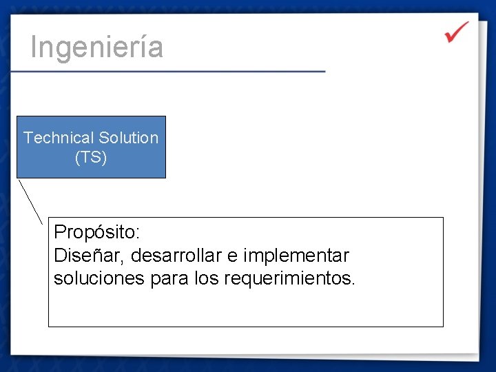 Ingeniería Technical Solution (TS) Propósito: Diseñar, desarrollar e implementar soluciones para los requerimientos. 