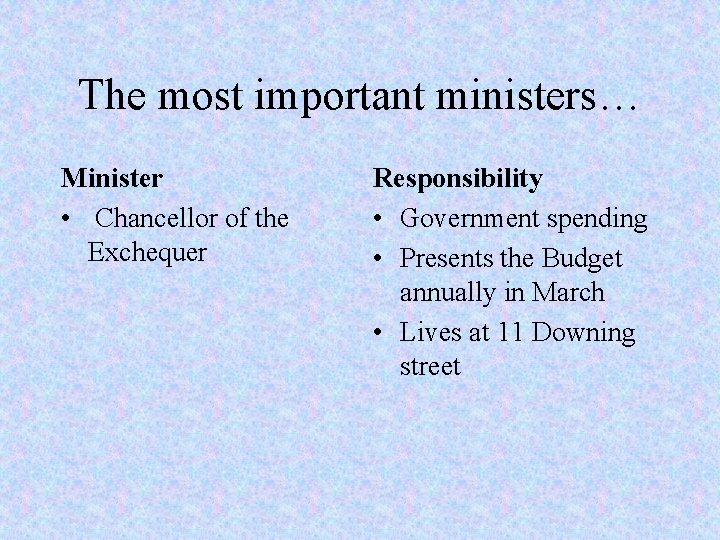 The most important ministers… Minister • Chancellor of the Exchequer Responsibility • Government spending