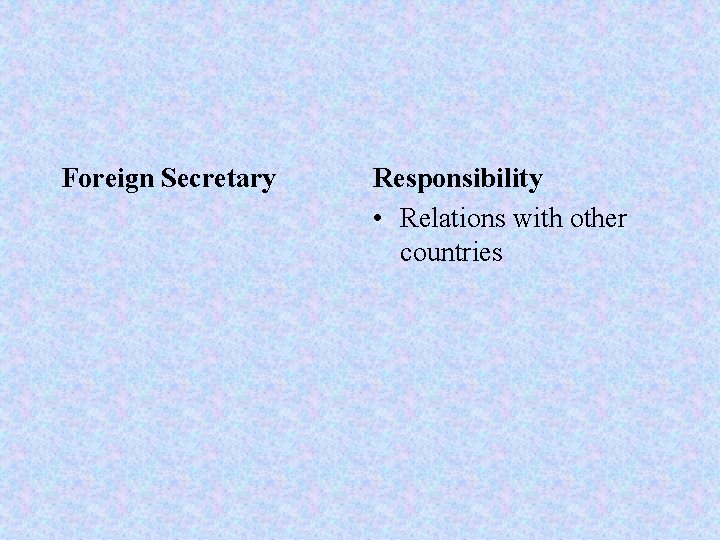 Foreign Secretary Responsibility • Relations with other countries 