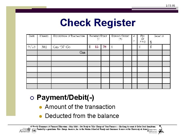 2. 7. 3. G 1 Check Register ¡ Payment/Debit(-) l l Amount of the