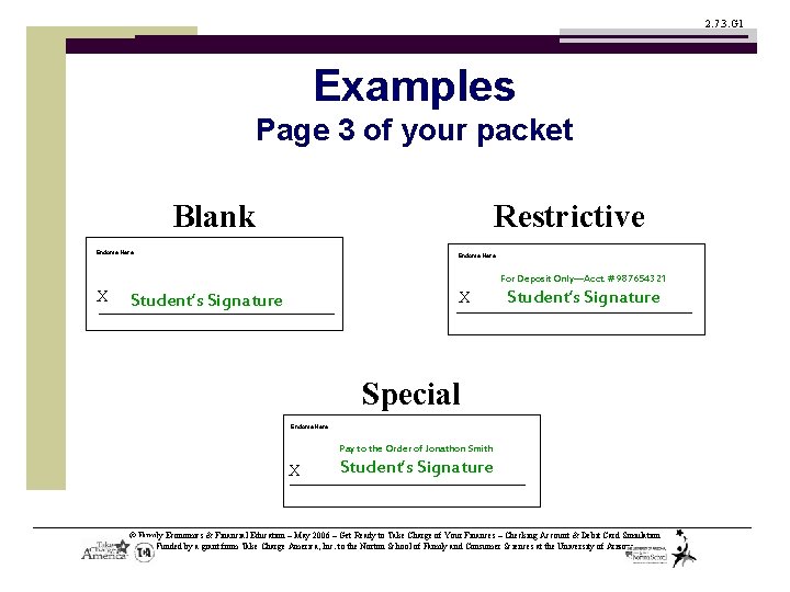 2. 7. 3. G 1 Examples Page 3 of your packet Blank Restrictive Endorse