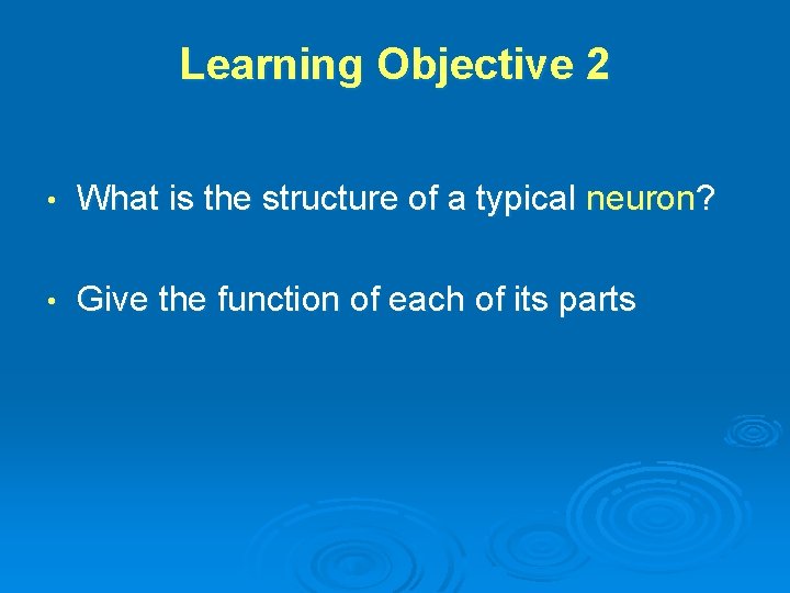 Learning Objective 2 • What is the structure of a typical neuron? • Give