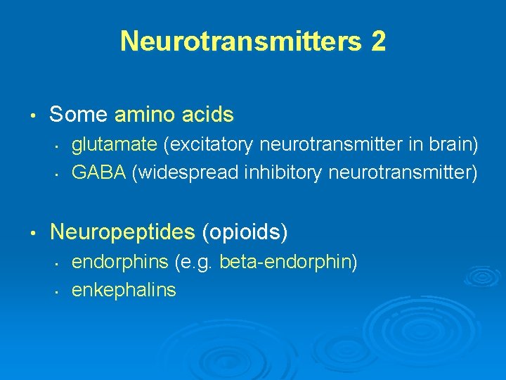 Neurotransmitters 2 • Some amino acids • • • glutamate (excitatory neurotransmitter in brain)