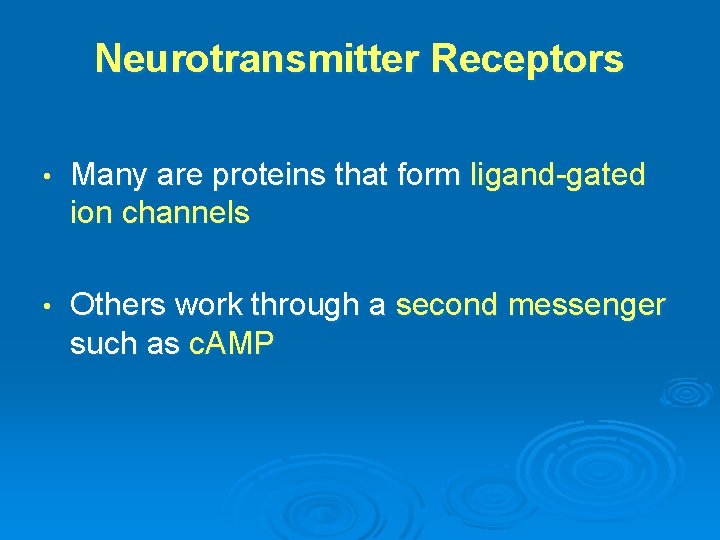 Neurotransmitter Receptors • Many are proteins that form ligand-gated ion channels • Others work