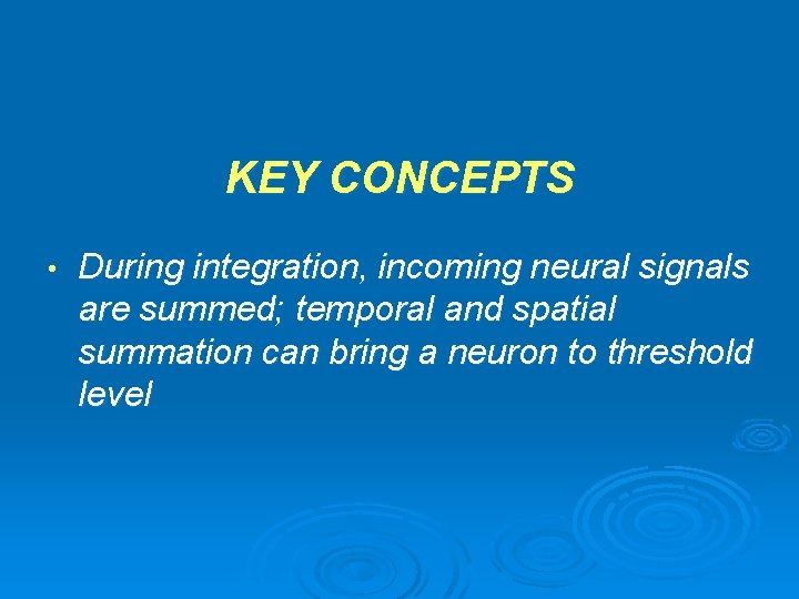 KEY CONCEPTS • During integration, incoming neural signals are summed; temporal and spatial summation