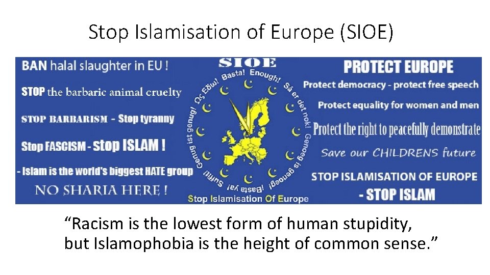 Stop Islamisation of Europe (SIOE) “Racism is the lowest form of human stupidity, but