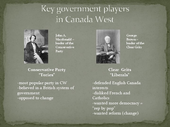 Key government players in Canada West John A. Macdonald – leader of the Conservative
