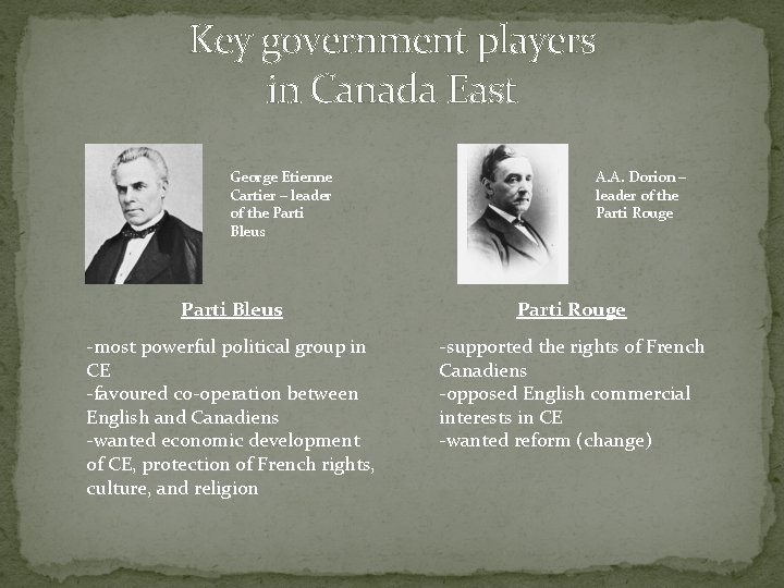 Key government players in Canada East George Etienne Cartier – leader of the Parti