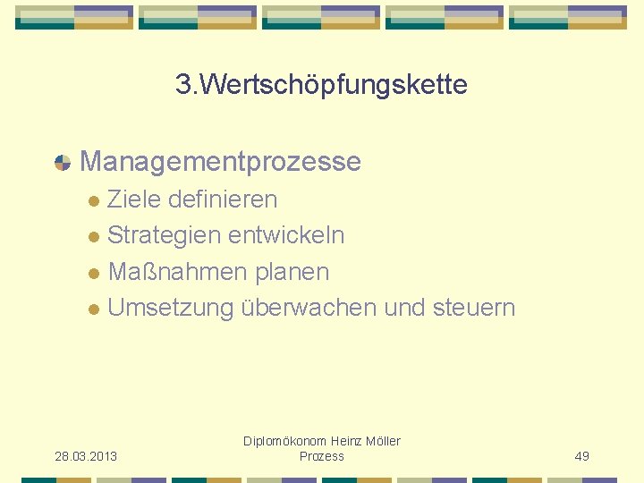 3. Wertschöpfungskette Managementprozesse Ziele definieren l Strategien entwickeln l Maßnahmen planen l Umsetzung überwachen