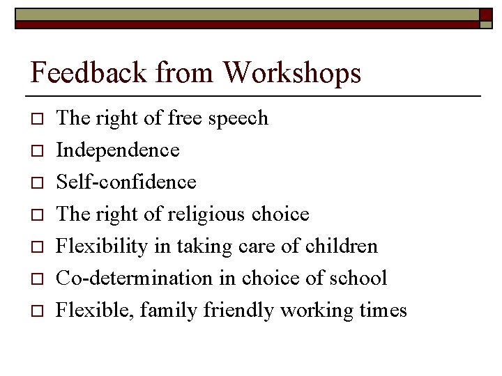 Feedback from Workshops o o o o The right of free speech Independence Self-confidence