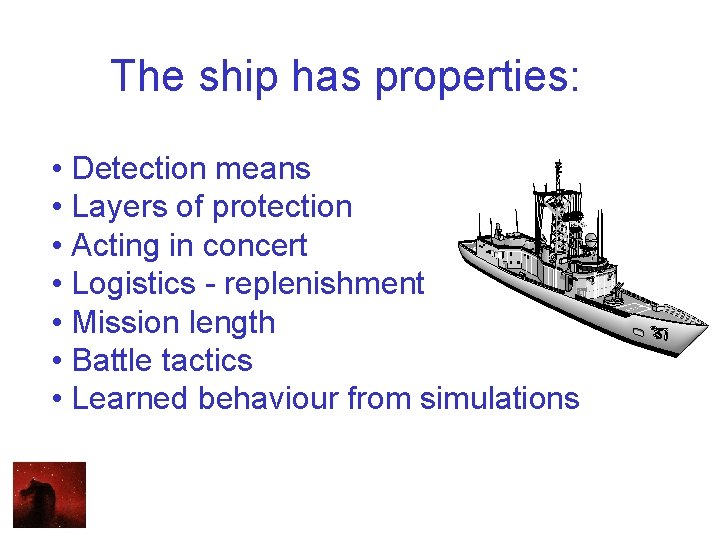 The ship has properties: • Detection means • Layers of protection • Acting in