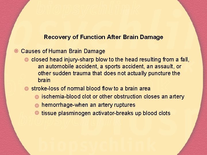 Recovery of Function After Brain Damage Causes of Human Brain Damage closed head injury-sharp