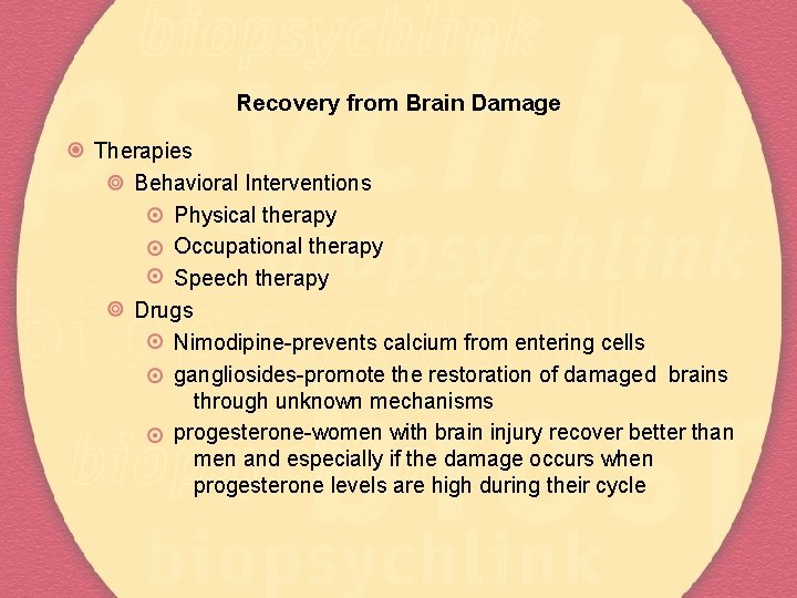 Recovery from Brain Damage Therapies Behavioral Interventions Physical therapy Occupational therapy Speech therapy Drugs