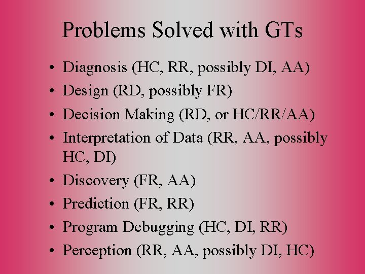 Problems Solved with GTs • • Diagnosis (HC, RR, possibly DI, AA) Design (RD,