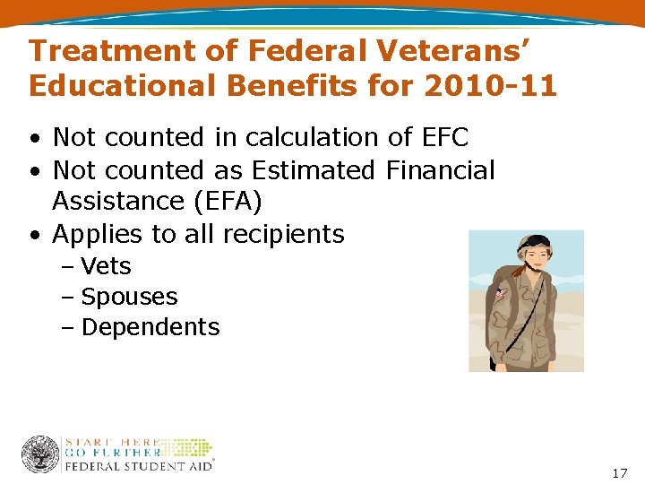 Treatment of Federal Veterans’ Educational Benefits for 2010 -11 • Not counted in calculation