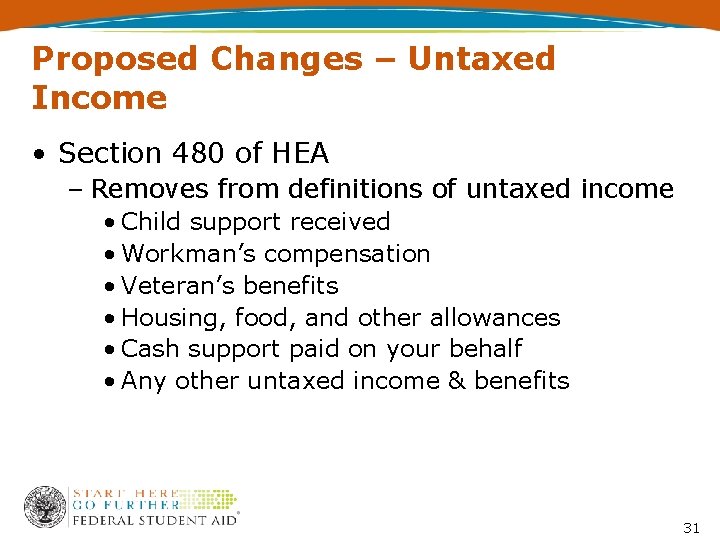 Proposed Changes – Untaxed Income • Section 480 of HEA – Removes from definitions