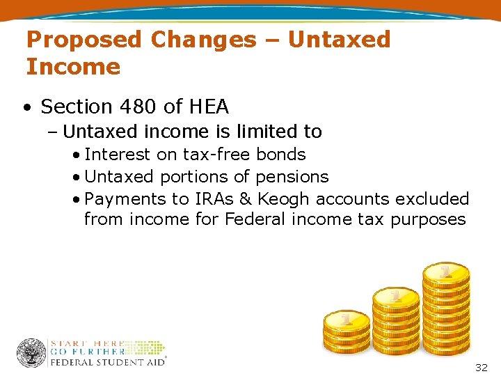 Proposed Changes – Untaxed Income • Section 480 of HEA – Untaxed income is