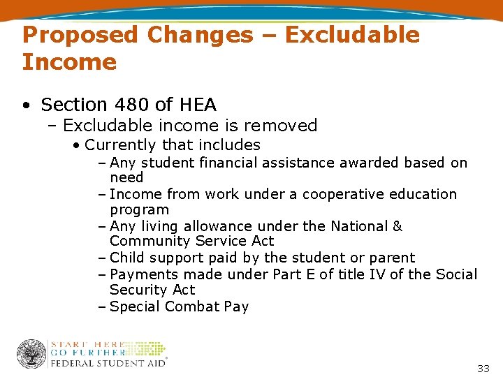 Proposed Changes – Excludable Income • Section 480 of HEA – Excludable income is