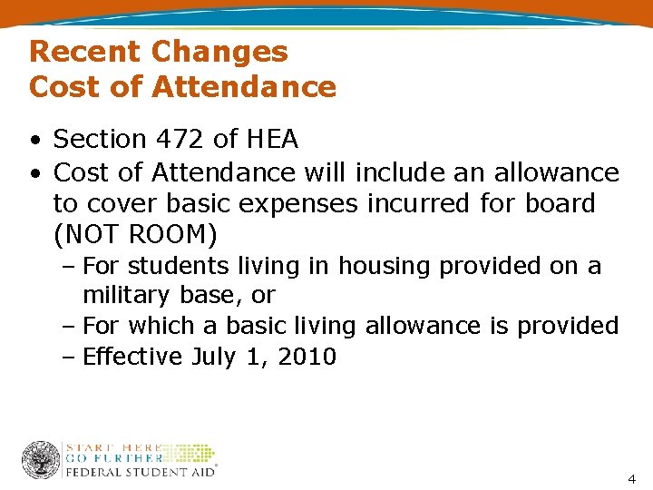 Recent Changes Cost of Attendance • Section 472 of HEA • Cost of Attendance