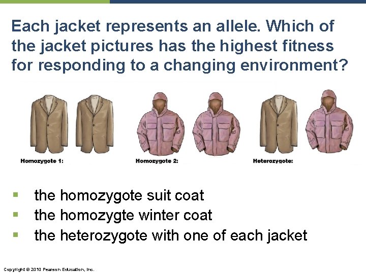 Each jacket represents an allele. Which of the jacket pictures has the highest fitness