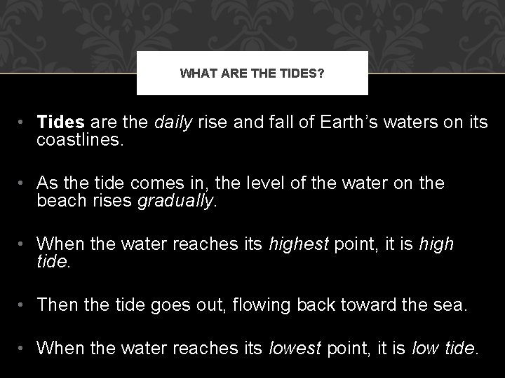 WHAT ARE THE TIDES? • Tides are the daily rise and fall of Earth’s