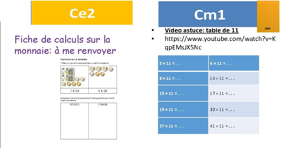 Fiche de calculs sur la monnaie: à me renvoyer • • Video astuce: table