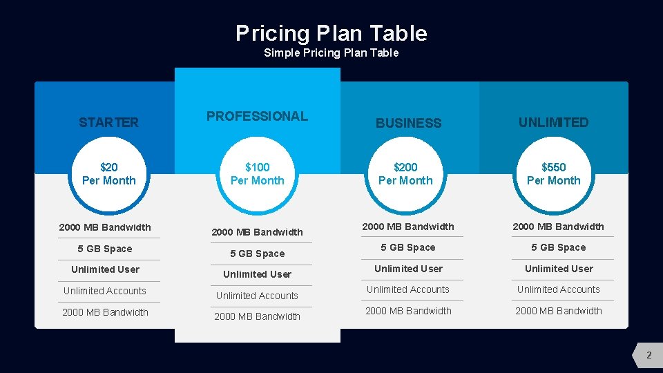 Pricing Plan Table Simple Pricing Plan Table STARTER $20 Per Month PROFESSIONAL $100 Per