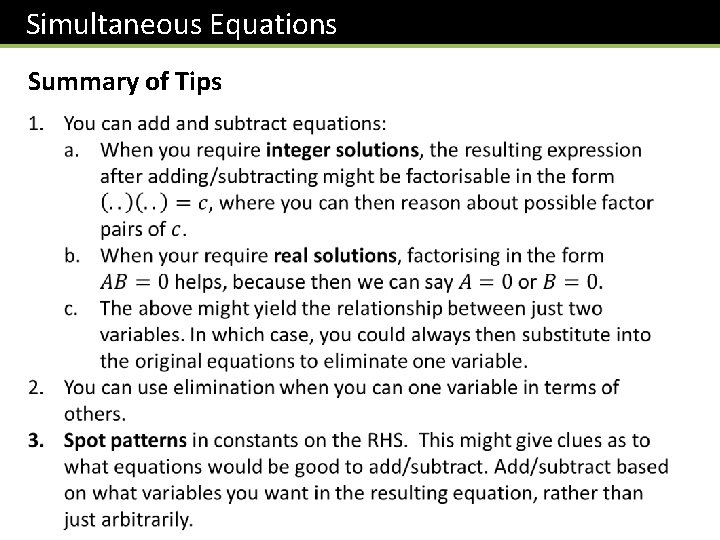 Simultaneous Equations Summary of Tips 