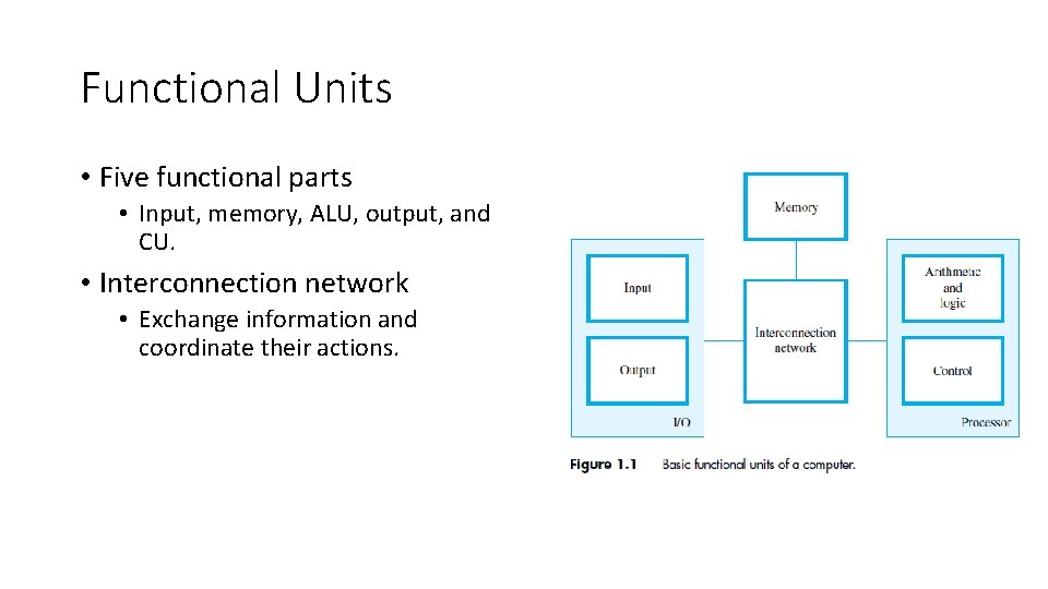 Functional Units • Five functional parts • Input, memory, ALU, output, and CU. •