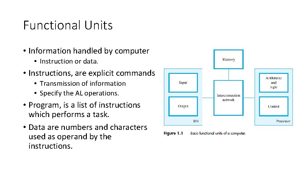 Functional Units • Information handled by computer • Instruction or data. • Instructions, are