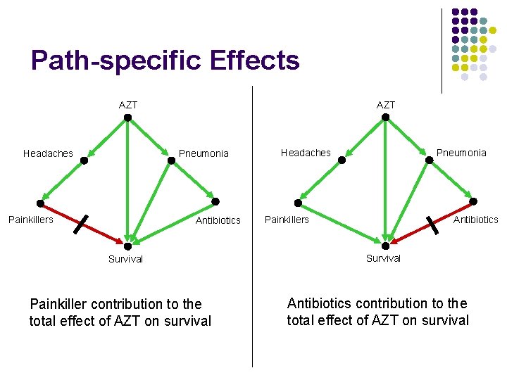 Path-specific Effects AZT Headaches Pneumonia Painkillers Antibiotics Survival Painkiller contribution to the total effect