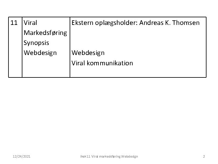 11 Viral Ekstern oplægsholder: Andreas K. Thomsen Markedsføring Synopsis Webdesign Viral kommunikation 12/24/2021 ikek