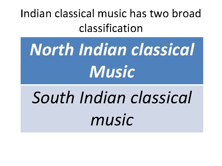 Indian classical music has two broad classification North Indian classical Music South Indian classical