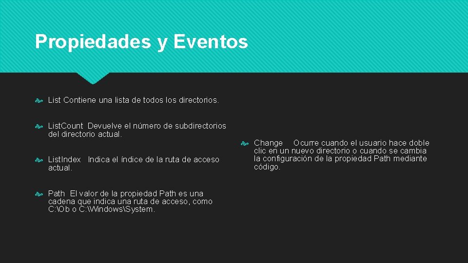 Propiedades y Eventos List Contiene una lista de todos los directorios. List. Count Devuelve