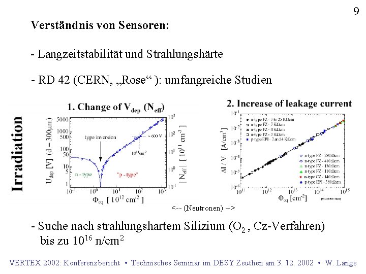 9 Verständnis von Sensoren: - Langzeitstabilität und Strahlungshärte - RD 42 (CERN, „Rose“ ):