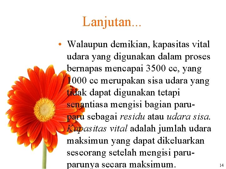 Lanjutan. . . • Walaupun demikian, kapasitas vital udara yang digunakan dalam proses bernapas