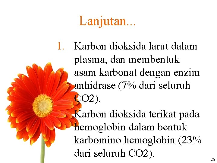 Lanjutan. . . 1. Karbon dioksida larut dalam plasma, dan membentuk asam karbonat dengan