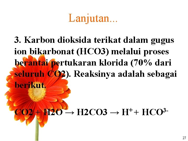 Lanjutan. . . 3. Karbon dioksida terikat dalam gugus ion bikarbonat (HCO 3) melalui