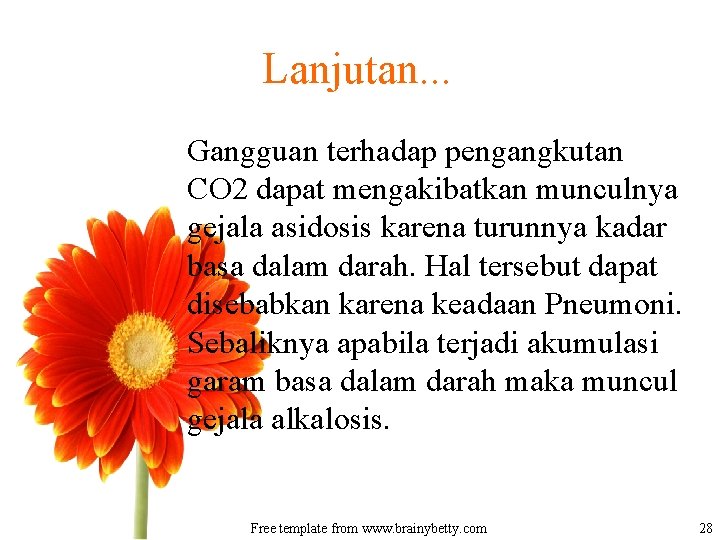 Lanjutan. . . Gangguan terhadap pengangkutan CO 2 dapat mengakibatkan munculnya gejala asidosis karena