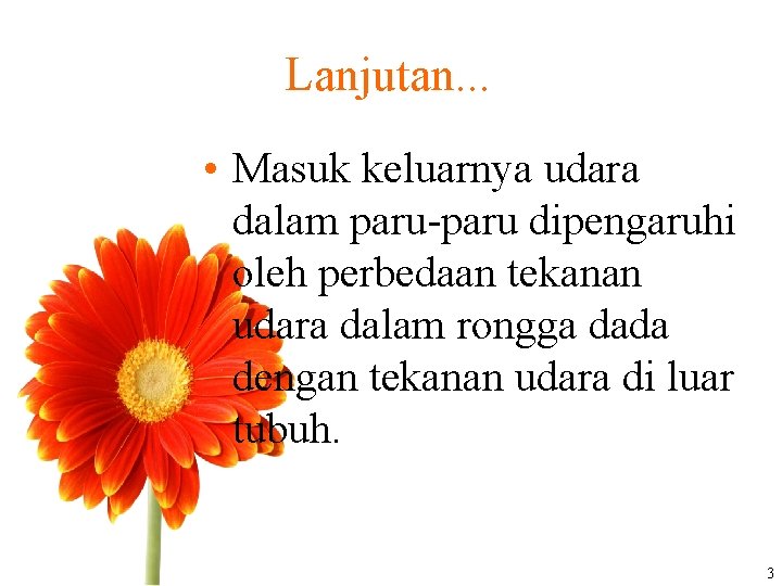 Lanjutan. . . • Masuk keluarnya udara dalam paru-paru dipengaruhi oleh perbedaan tekanan udara