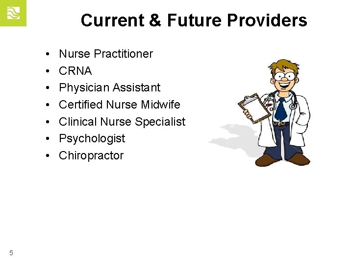 Current & Future Providers • • 5 Nurse Practitioner CRNA Physician Assistant Certified Nurse